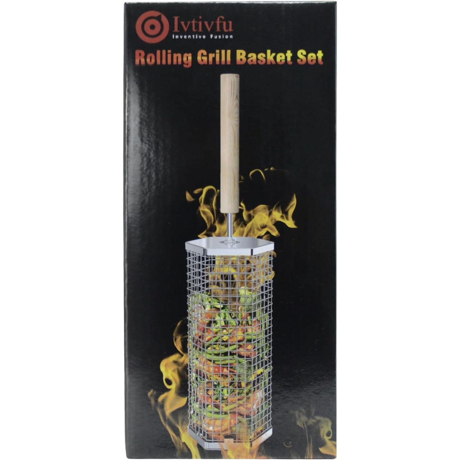 Rolling Grill Basket with Removable Wooden Handle, 304 Stainless Steel Nestable Set for Vegetables and Meats